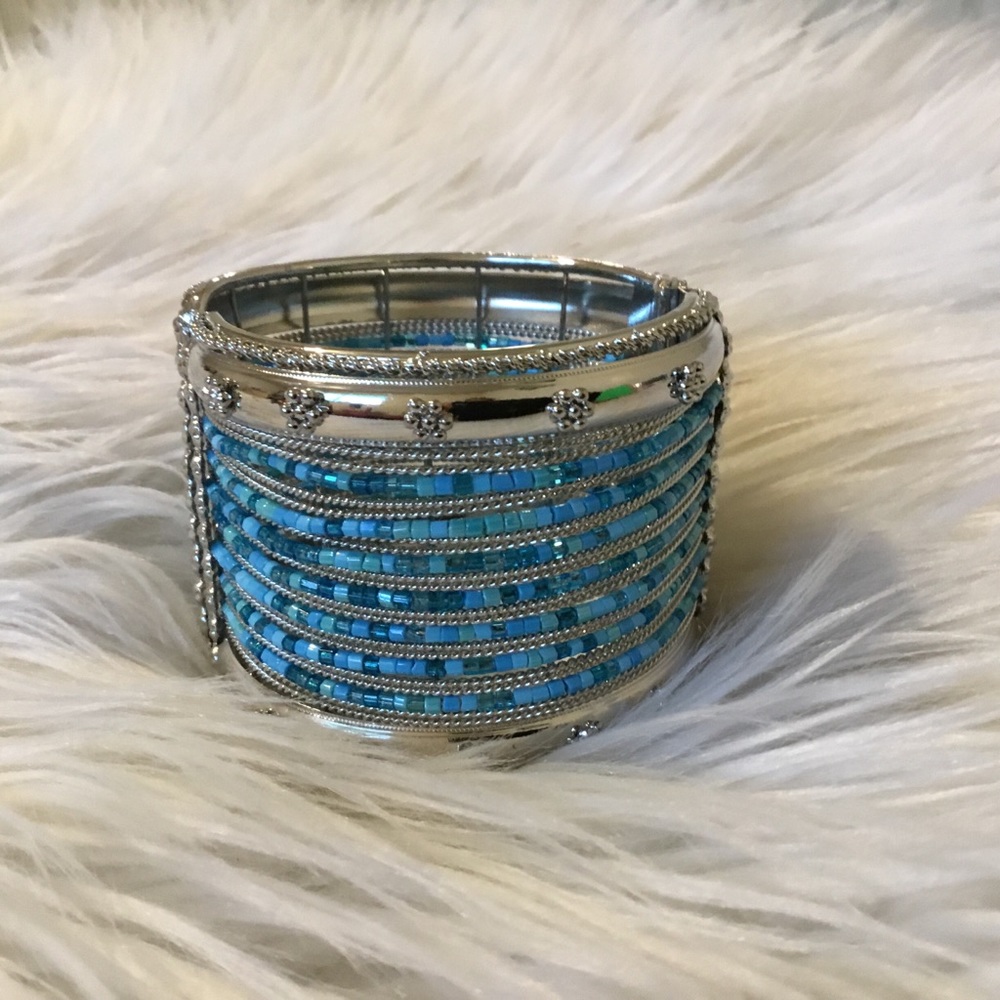 Hinged Silver & Bead Hinged Bangle Bracelet- Size… - image 1